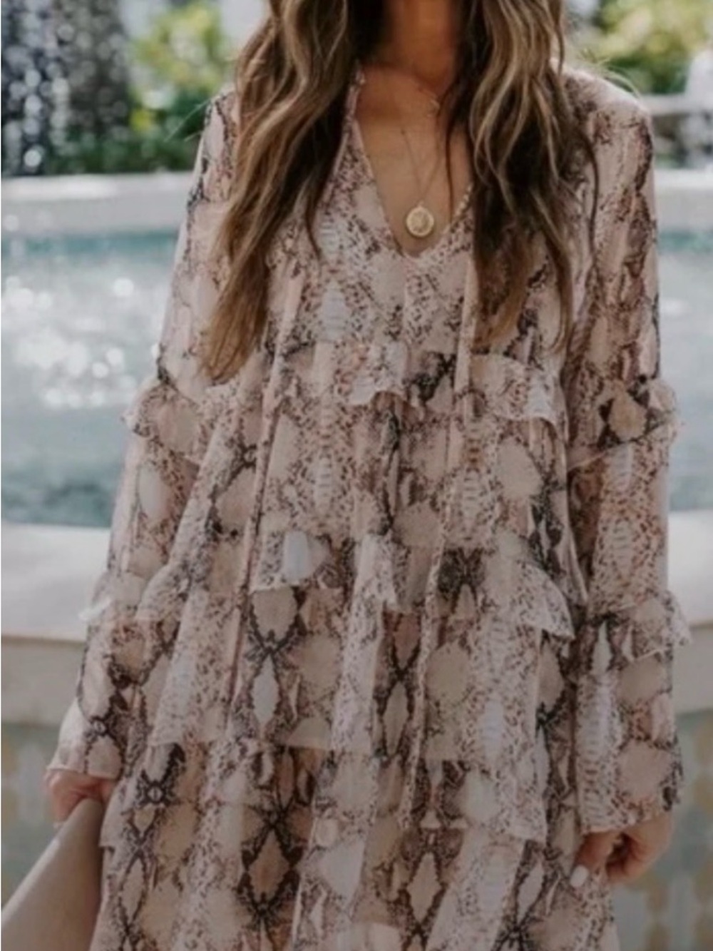 Olivaceous Beige and Brown Snake-Print Tiered V-Neck Mini Dress - Picture 2 of 6